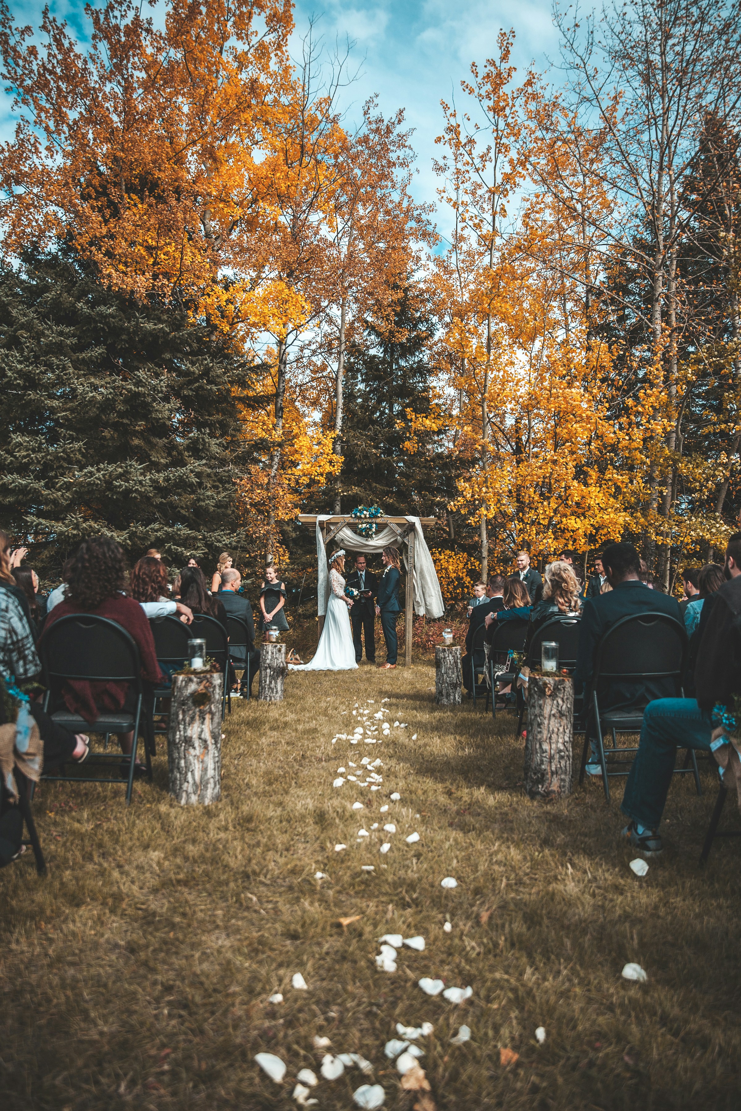 Wedding ceremony in front of forested area with guests seated